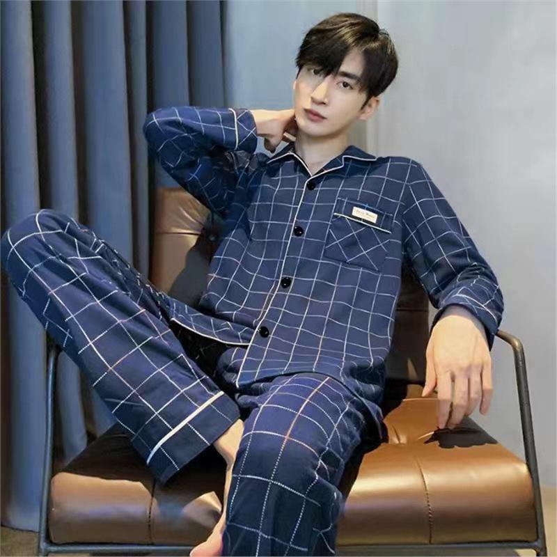 Men's Korean Style Cotton Cardigan Pajama Set - Long Sleeve & Pants for Spring & Autumn, Wearable Outdoors