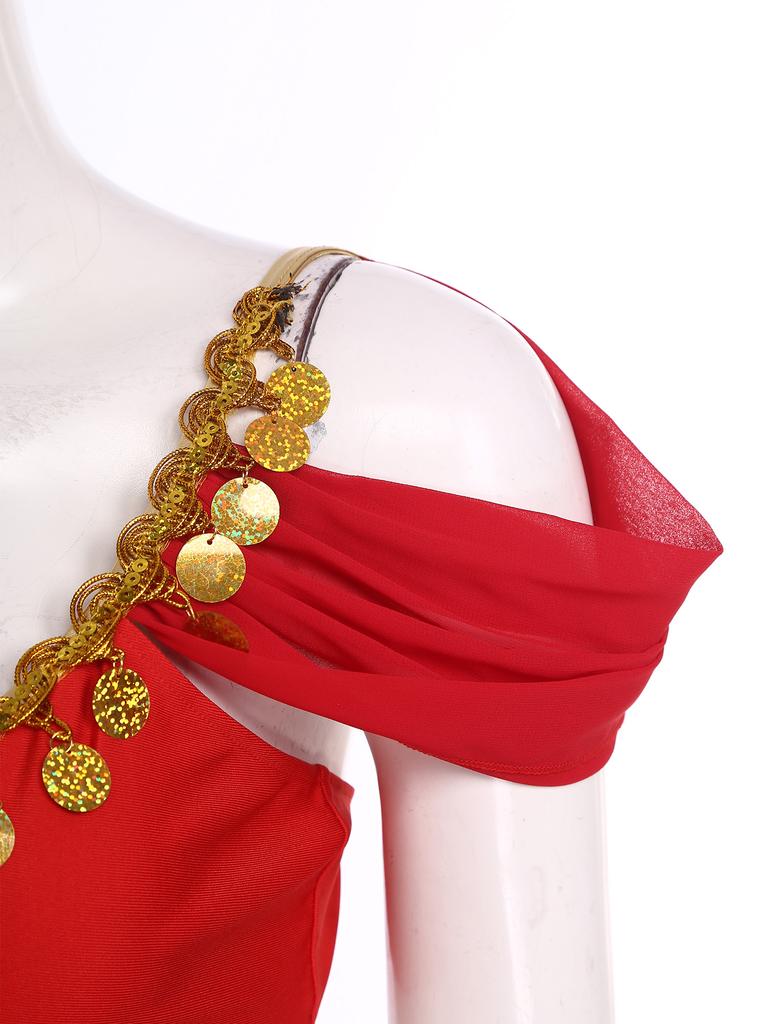 Ladies India Dance Costume S-3XL Sequin Tassel Bodysuit Dress V Neck Cutout Open Front Chiffon Hem with Built-in Shorts for Belly Dance