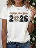 Womens 2026 New Year Christmas Flower Print Sleeve Crew Neck Blouse Spring Elegant Party Outfit 2026 Year Print for Daily Wear
