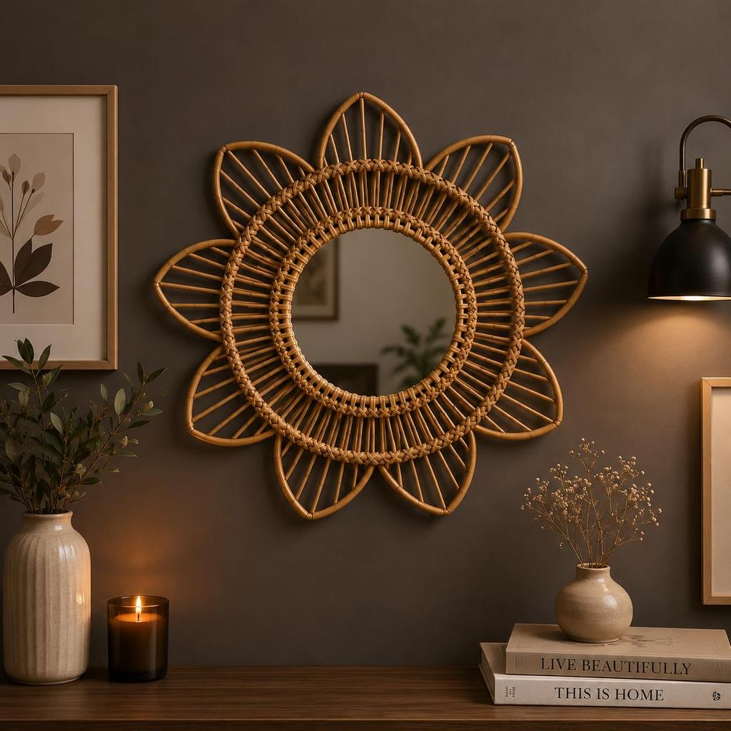 Eco Decx Handmade Sunflower Wall Mirror, Boho Rattan Cane Round Mirror for Bedroom, Hallway & Living Room Decor, 57 x 3 x 57 cm