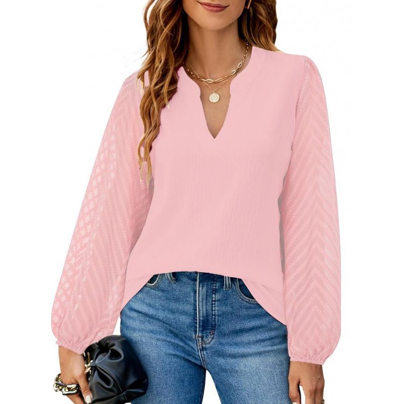 European and American Women's Clothing New Solid Color V-neck Lace Chiffon Shirt