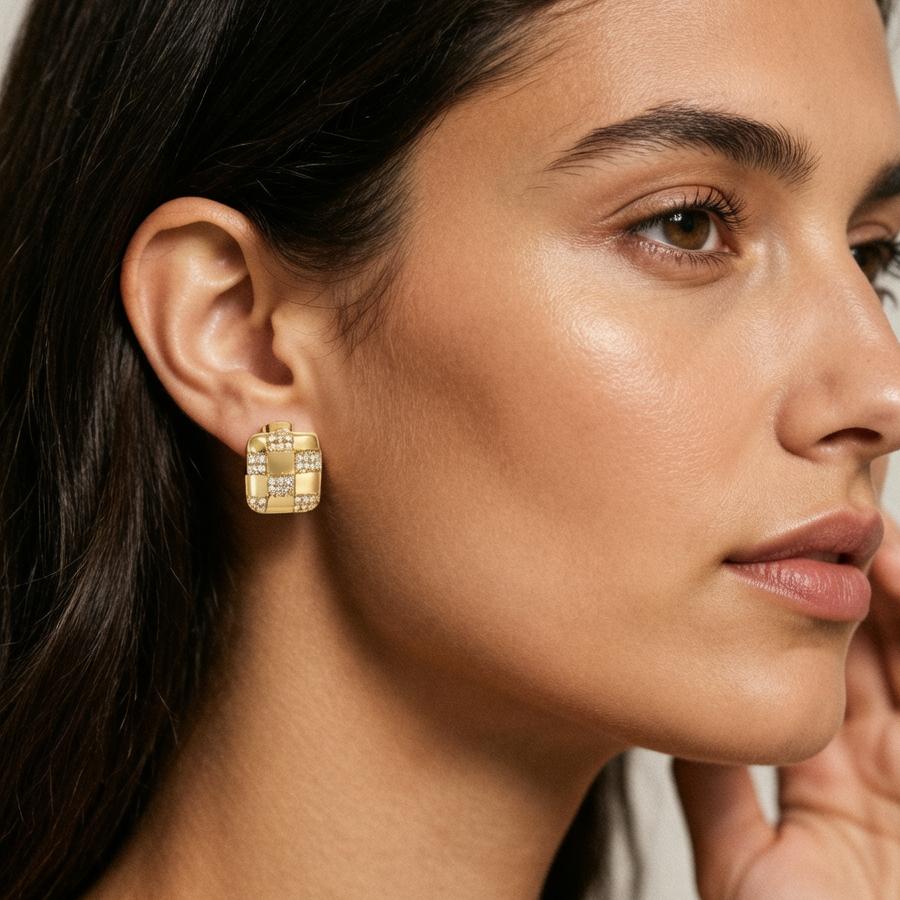 Nidin New Trendy Checkerboard Square Stud Earrings For Women Light Luxury Pave Cubic Zirconia Elegant Daily Party Jewelry Gifts