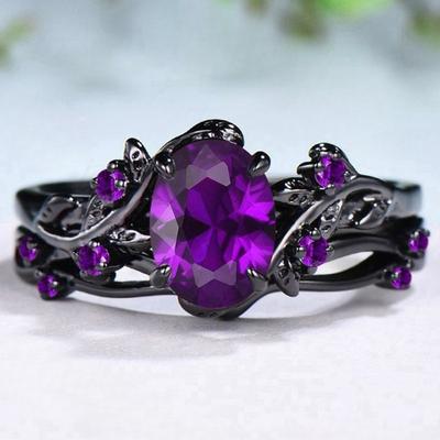 Luxuriöser europäischer und amerikanischer Retro-Ring mit lila Edelstein, Gunmetal-Rosenzweig-Kreuzring für Mädchen