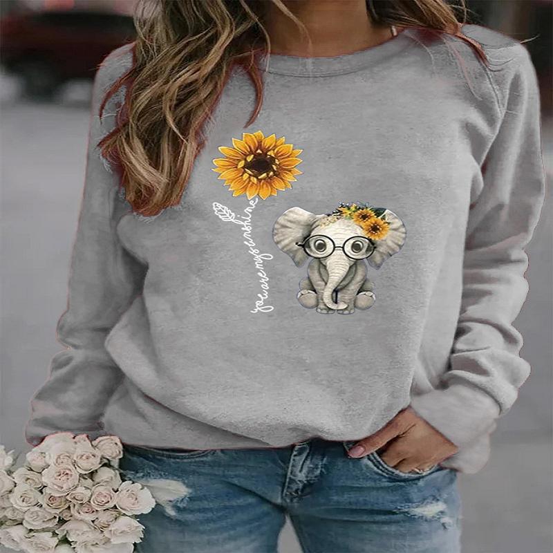 Women Autumn Winter Sunflower Elephant Printed Long Sleeves Round Neck Loose Fleece