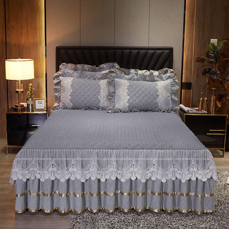 

3 шт. Легкий в уходе Современный Светло-бежевый Дружелюбный Ромбовидный Стеганый Многослойный Комплект Юбки для кровати с Вышивкой Романтичная Кружевная Отделка + Дизайн с Рюшами и Завязками 150*200cm