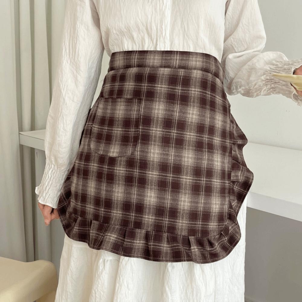 with Pocket Korean Style Apron Fashion Kitchen Cafe Baking Apron Floral Plaid Half Apron Man Woman