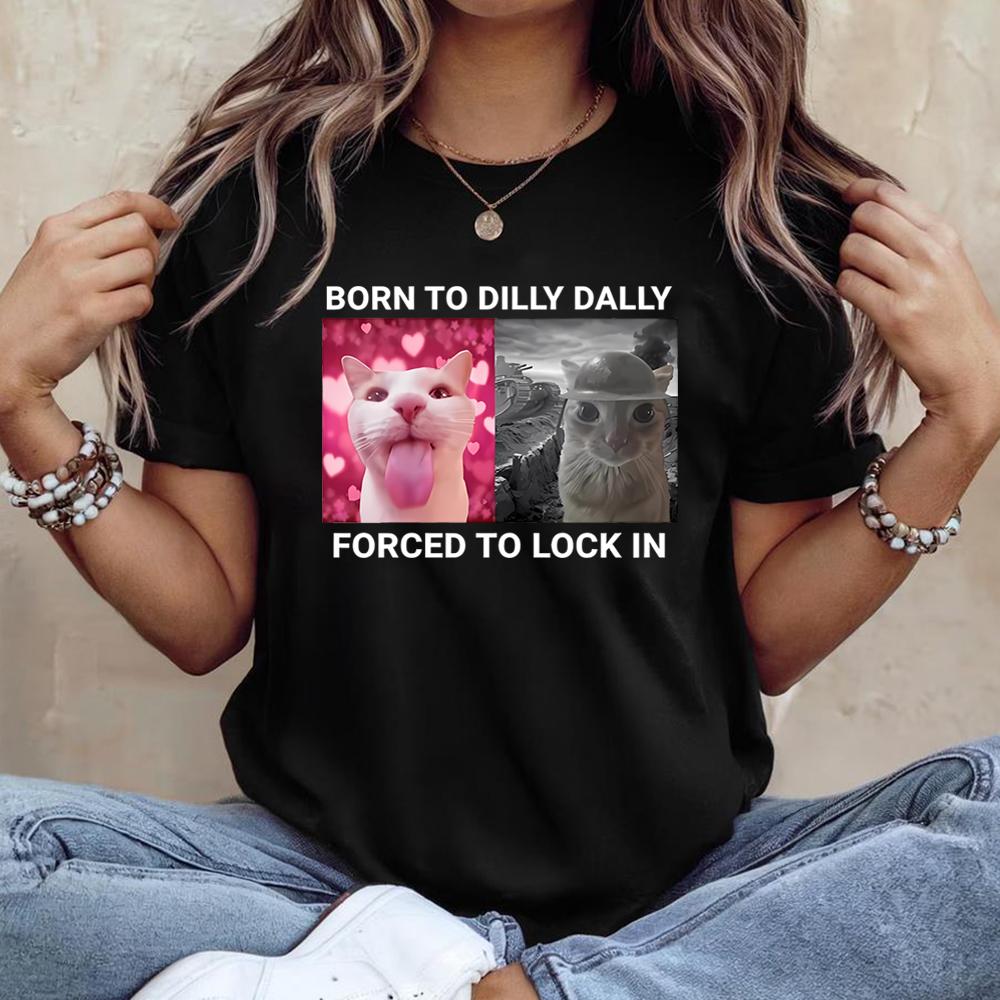 

Born To Dilly Dally Forced To Lock in Футболка Смешная футболка с изображением кота Милые футболки с изображением кота Женские летние повседневные топы с короткими рукавами XXL чёрный