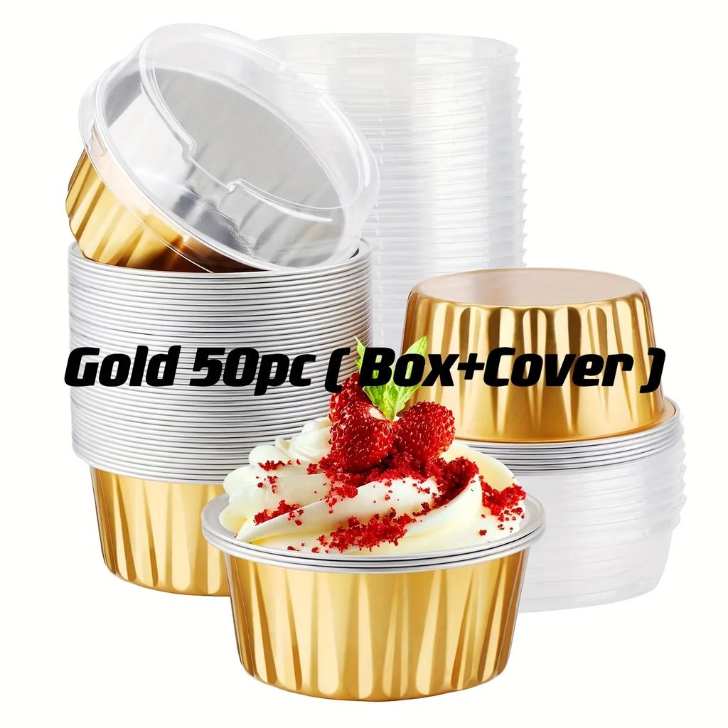 50 de bucăți de ramekinuri de unică folosință cu capace - Mini forme de copt din folie de aluminiu premium pentru brioșe - Accesorii perfecte pentru tacâmuri de petrecere