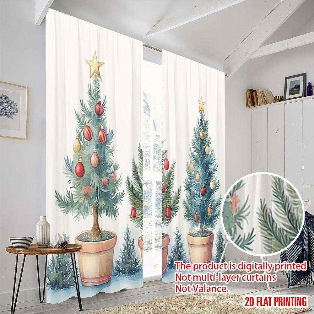 2pcs,2D Plane Printing Window Curtain Christmas Tree Ornament Watercolor (2) Polyester Easy Install (without Rod) Festive Ldeal
