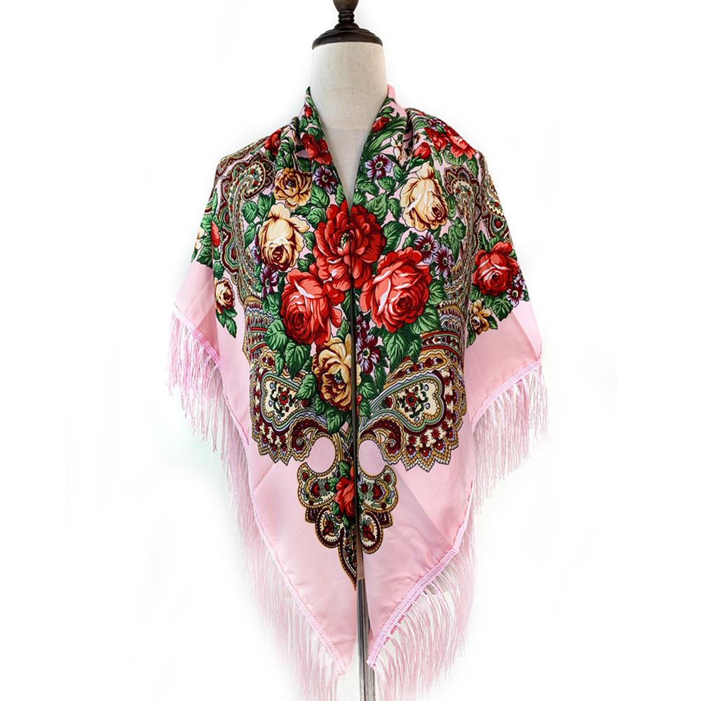 135*135Cm Russian Style Square Scarf For Women Luxury Floral Print Bandana Head Scarves Lades Fringed Shawl Headwraps Foulard