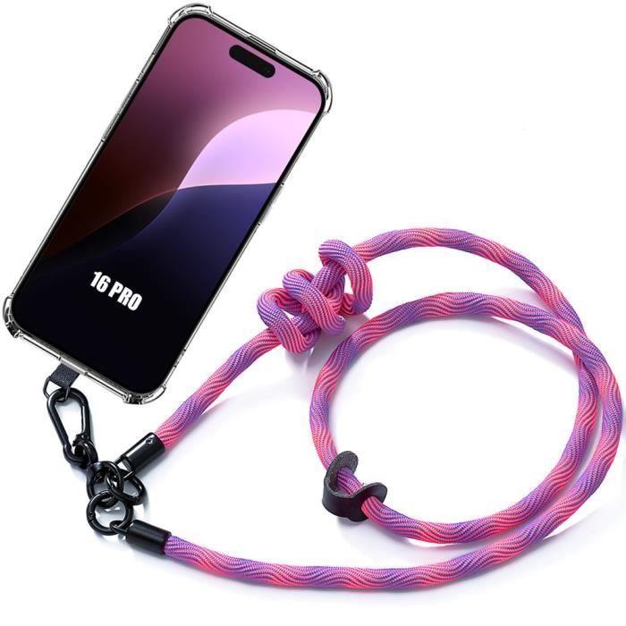 Coque de protection - pour iPhone - 16 Pro - Transparente - Antichoc - Cordon robuste rose