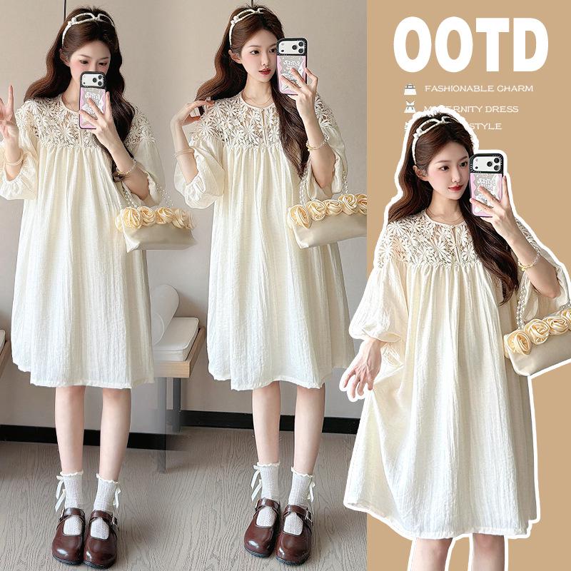 Elegant 2026 Crochet Lace Maternity Dress - Loose Fit Summer Fashion Large