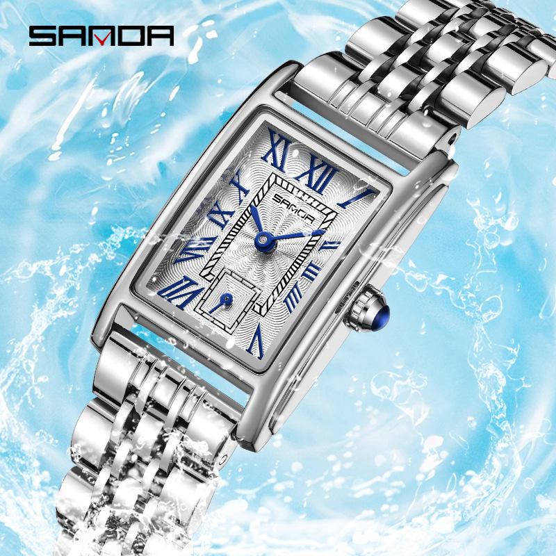 Stylish Sanda Square Steel & Leather Quartz Watch with Roman Numerals, Waterproof Design for Women