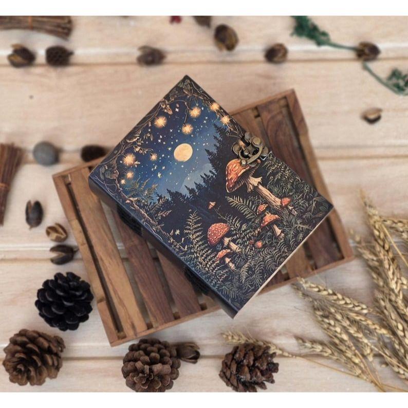 Handmade Leather Journal with Lock: Mushroom & Fairy Tale Grimoire