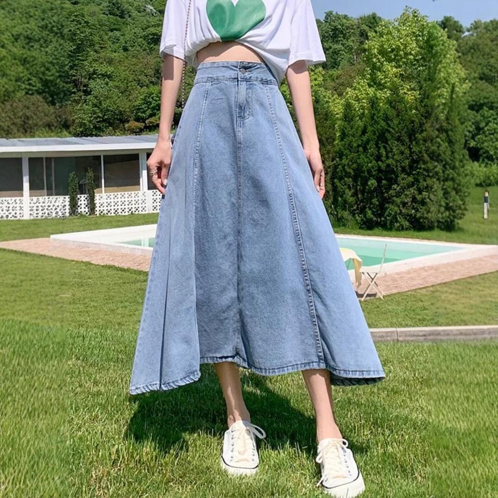 2025 Women's High Waist Slimming Midi Denim A-Line Skirt for Spring/Summer