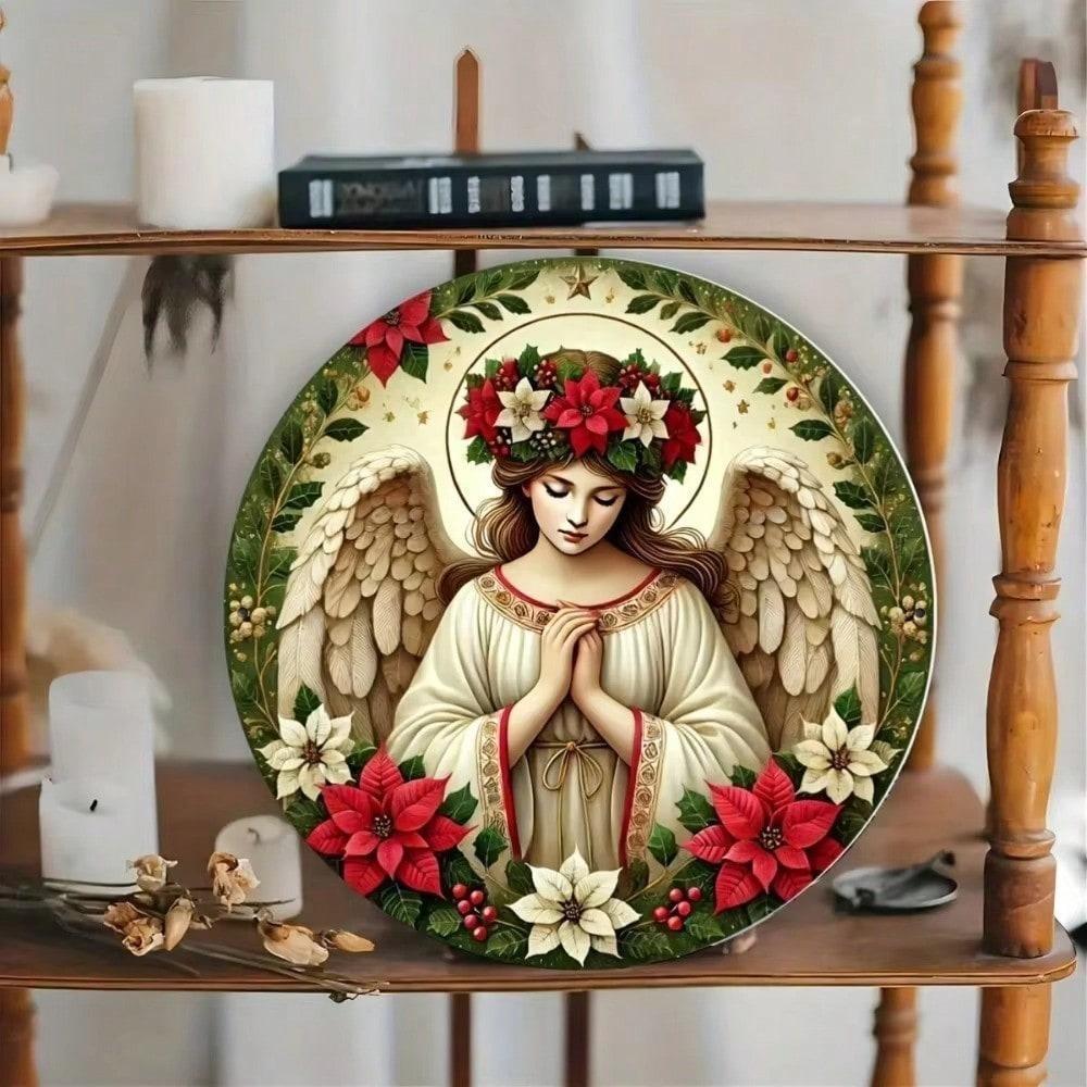 Round Aluminum Wall Art Praying Angel Decor with Floral Wreath Bunny Modern Home Metal Painting Living Room