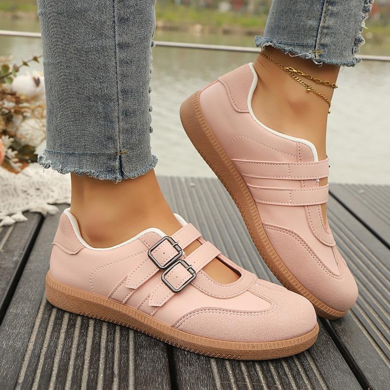 Women's Double-Buckle Thick-Soled Versatile Casual Low-Top Sports Shoes, Solid Color Footwear, Available In Large Sizes.
