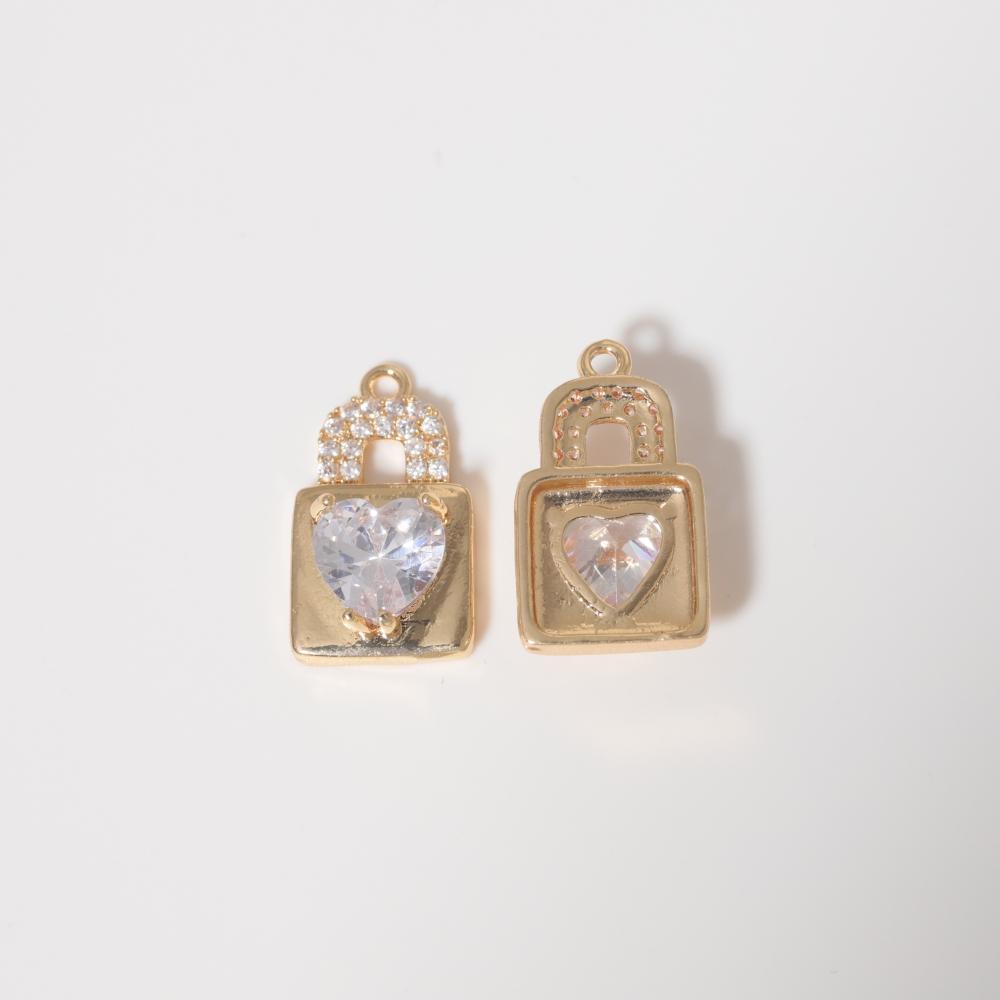 Romantic Heart Lock Pendant Charms, Golden Plated Copper Inlaid Heart Zirconia Findings for Handmade Jewelry Accessories