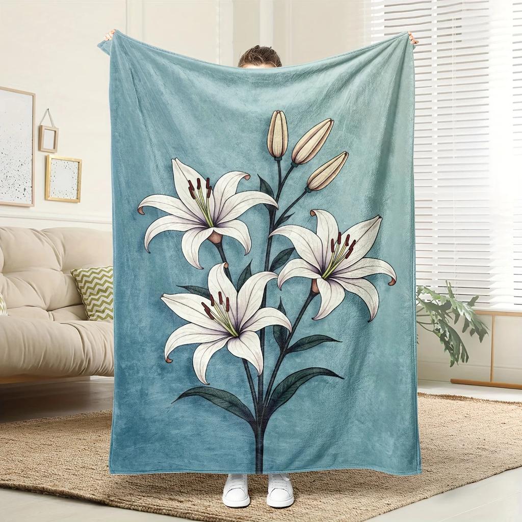 PC Soft Turquoise Lily Floral  Blanket  Plush Bedspread with White Lilies  Green Foliage Machine Washable