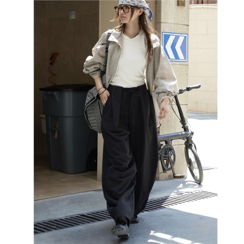 Johnature Autumn American Casual Shirring Casual Harem Women Pants Loose Simple Workwear Versatile Trousers