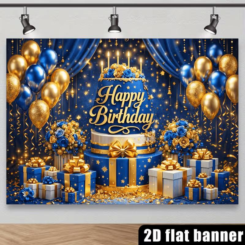 2D Blue Gold Luxury Birthday Backdrop Banner Men Boys Happy Birthday Party Decor Background