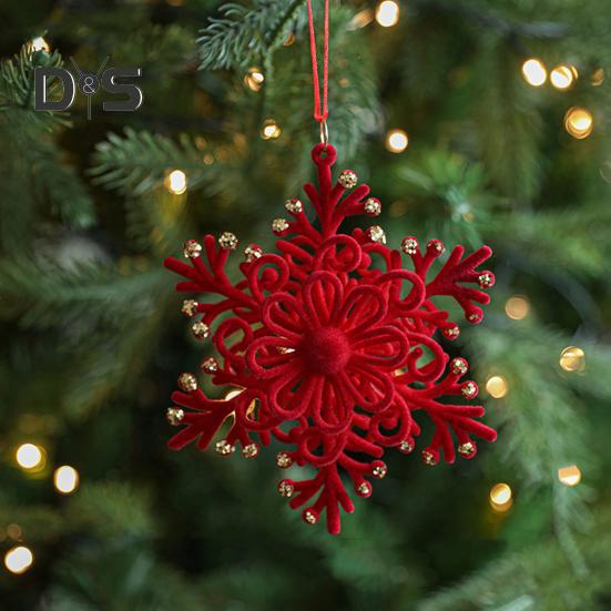Christmas Ornaments Red Flocking Candy Cane Reindeer Bow Snowflake Hanging Decoration for Tree Home Decor
