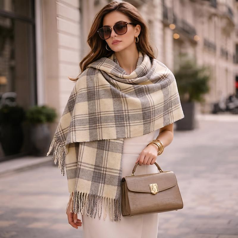 Luxury Thick Scarf Cashmere Plaid Tassel Winter Warm Scarves Soft Shawl Wrap Elegant Neck Scarf For Lady Casual Daily Wear Gifts