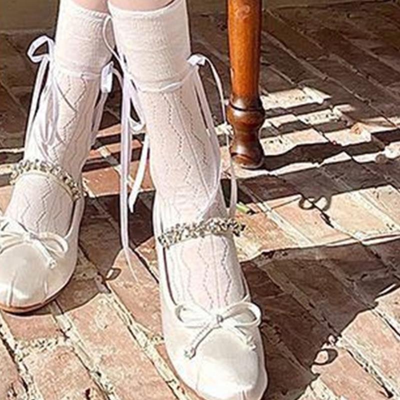 Summer Casual Ballet Style Sock Sweet Solid Color Bandage Cotton Bows Tie Hollows Stocking for Women Girl Summer