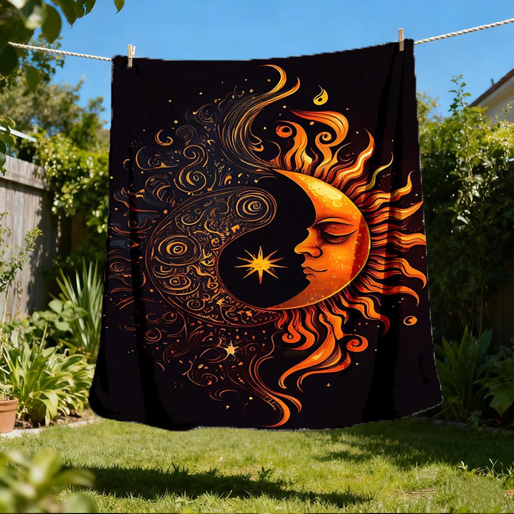 1pc Sun Moon Symbol Throw Blanket Polyester Fiber, Lightweight Flannel, Soft & Warm, All Season Use for Outdoor, Camping Digital Print
