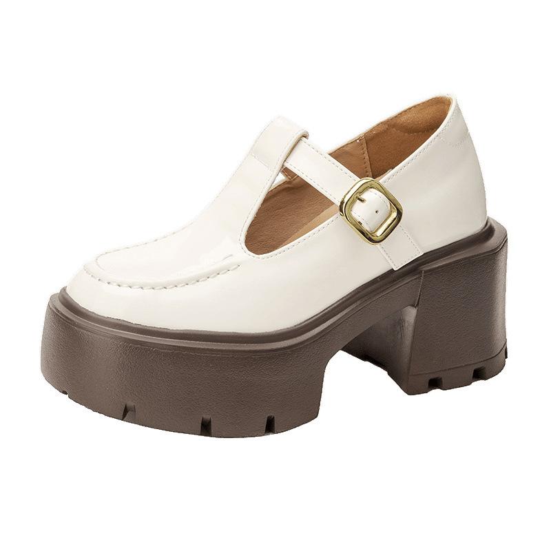 12Cm height increase small size thick heel retro Mary Jane small leather shoes women's shoes new white loafers