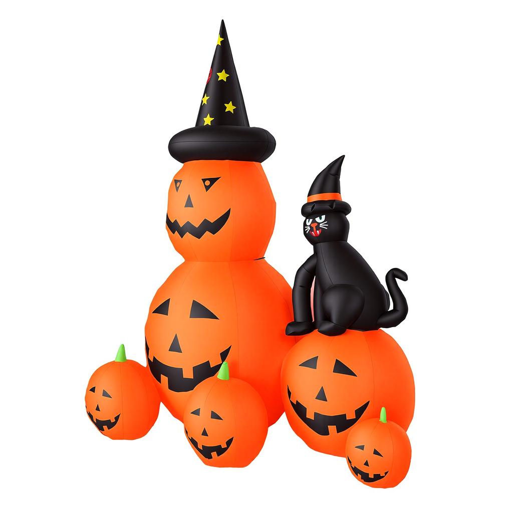 Inflatable Stacked Pumpkin with Witch Hat and Black Cat 5.9FT Holiday Blow Up Pumpkins Yard Decoration with Light for