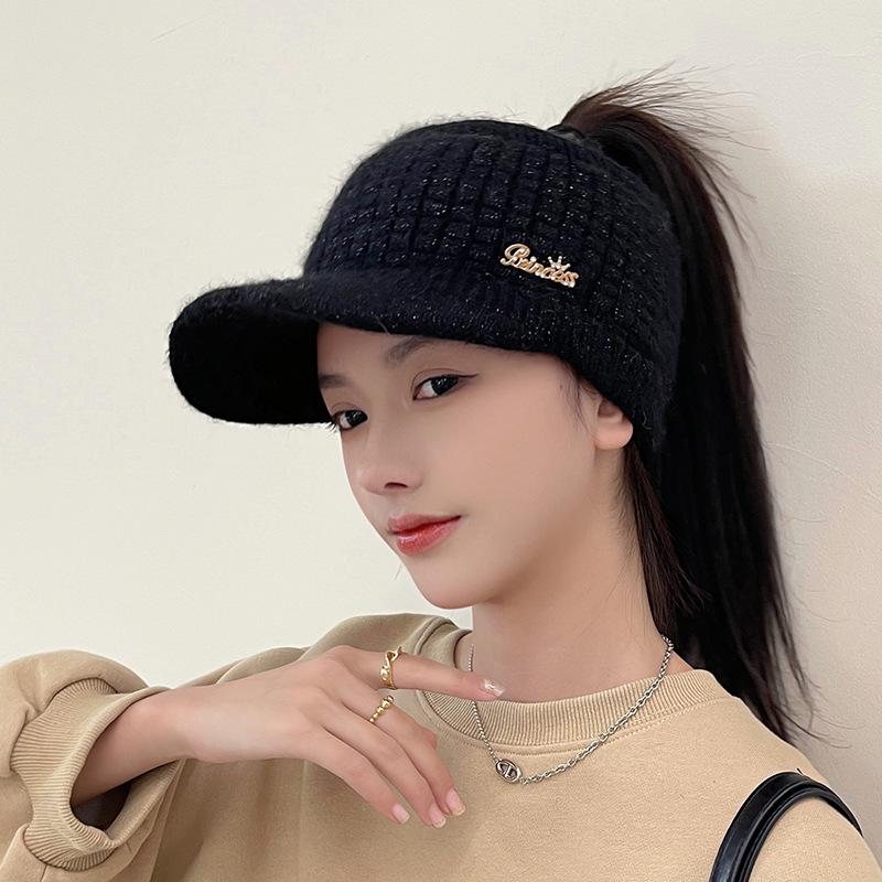 Women's Fleece-lined Wool Knitted Wide Brim Visor Hat for Autumn & Winter Sports