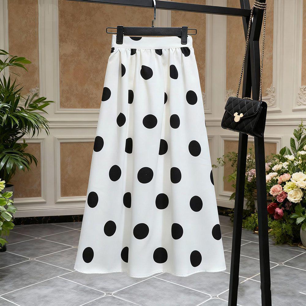 High-Waist French Polka Dot A-Line Midi Skirt with Drape for Women