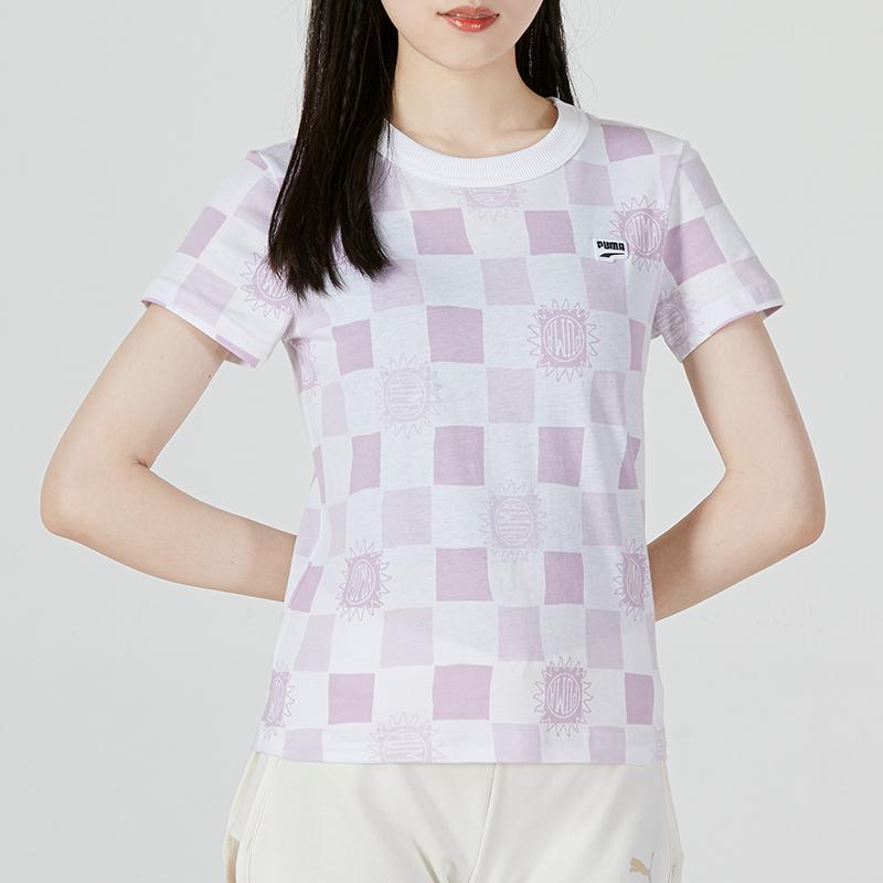 Puma Downtown Aop Tee Checkered Logo Sports Casual Breathable Round Neck Short Sleeve T-Shirt Women Tops Light-Purple 535379-02