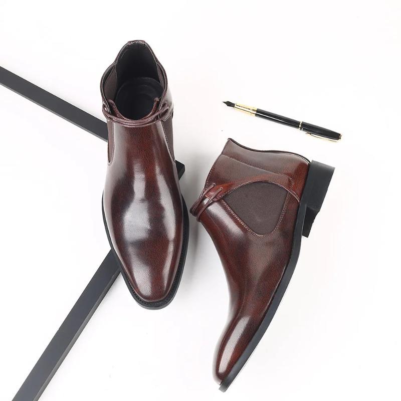 Brand Men's Boots Fashion Pointed Business Boots High Quality Patent Leather Ankle Booties Men Chelsea Boots Dress Leather Botas