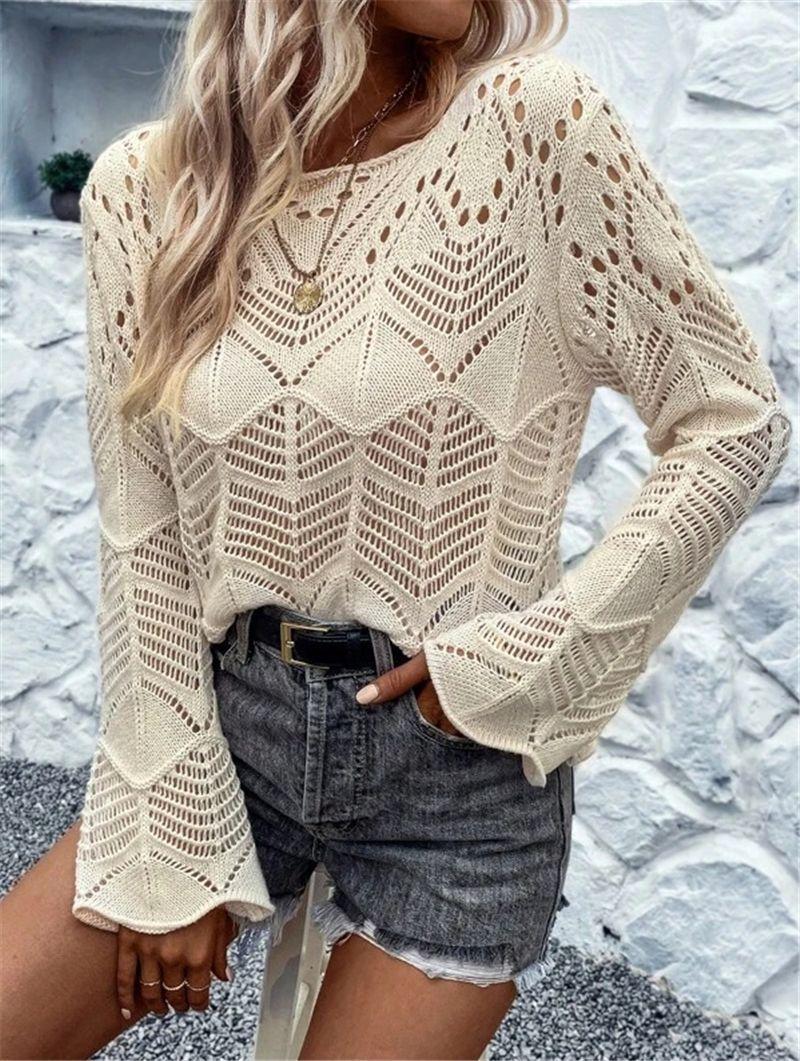 Women S Crochet Hollow Knit Bell Sleeve Loose Pullover Sweater S абрикосовый