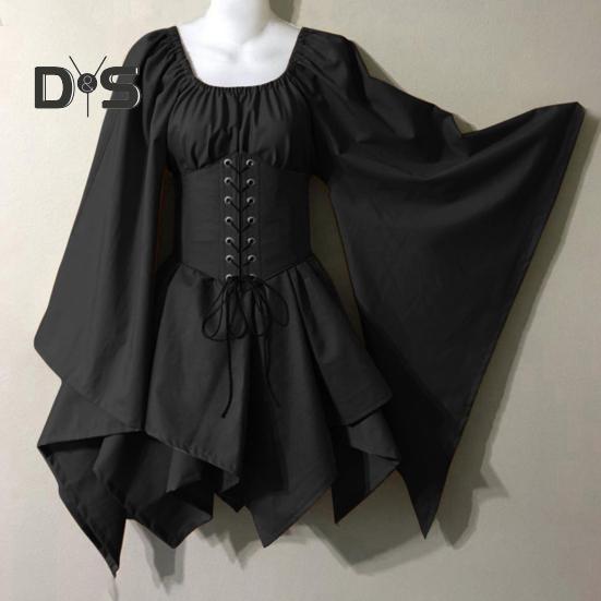 Women Long Sleeves Dress Medieval Vintage Fairy Elf Costume Bell Sleeve Retro Waist Cinching Patchwork Dress for Halloween Cosplay