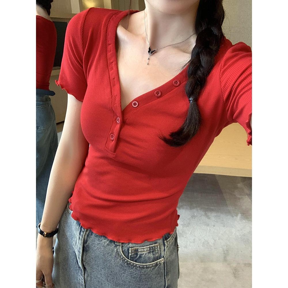 No Price Reduction #front Shoulder Button V-neck Short-sleeved T-shirt Women's Fungus Edge Design Slim-fit Top