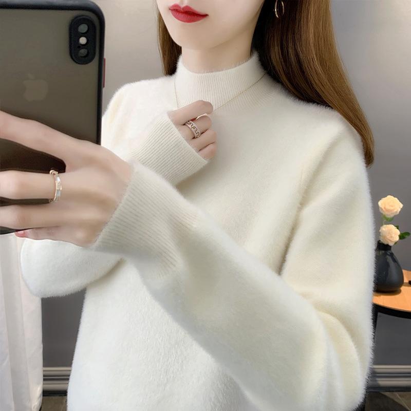 Autumn Winter Half High Collar Solid Color Simple Sweater Women Loose Casual All-match Pullover Knitting Top