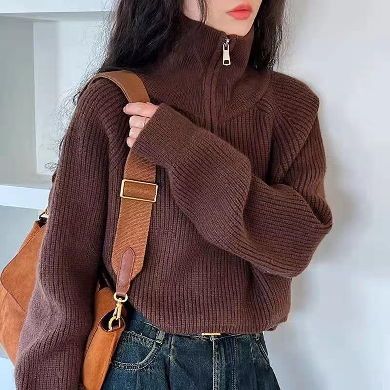 Red Knitted Sweater Women's Short Thickened Half High Collar Zipper Pure Color Loose Fit Autumn Style High Waist Sweater