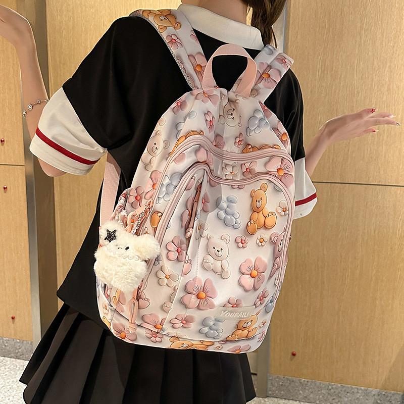 Cute Flower Rabbit Panda Cat Pattern Student Backpack With Pendant For Teens And Adults