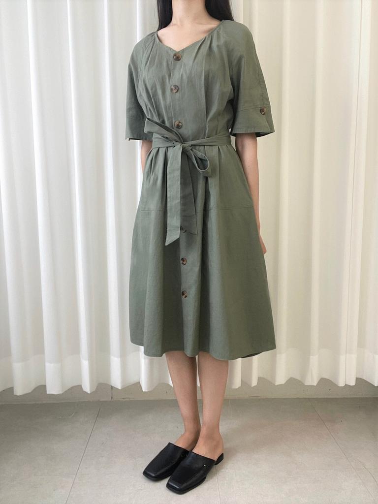 Olgangdijainseutyudio Open-Faced Linen Belted Dress