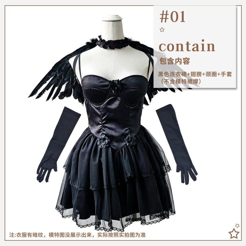 Gothic Angel Devil Halloween Costume Women - Black White Dress With Wings Neckpiece Gloves Headpiece Cross Necklace