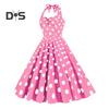 Women Vintage Dress 50s Retro A-line Big Swing Sleeveless Dot Print Contrast Color Elastic Bust Halter Neck High Tight Waist Backless Knee Length