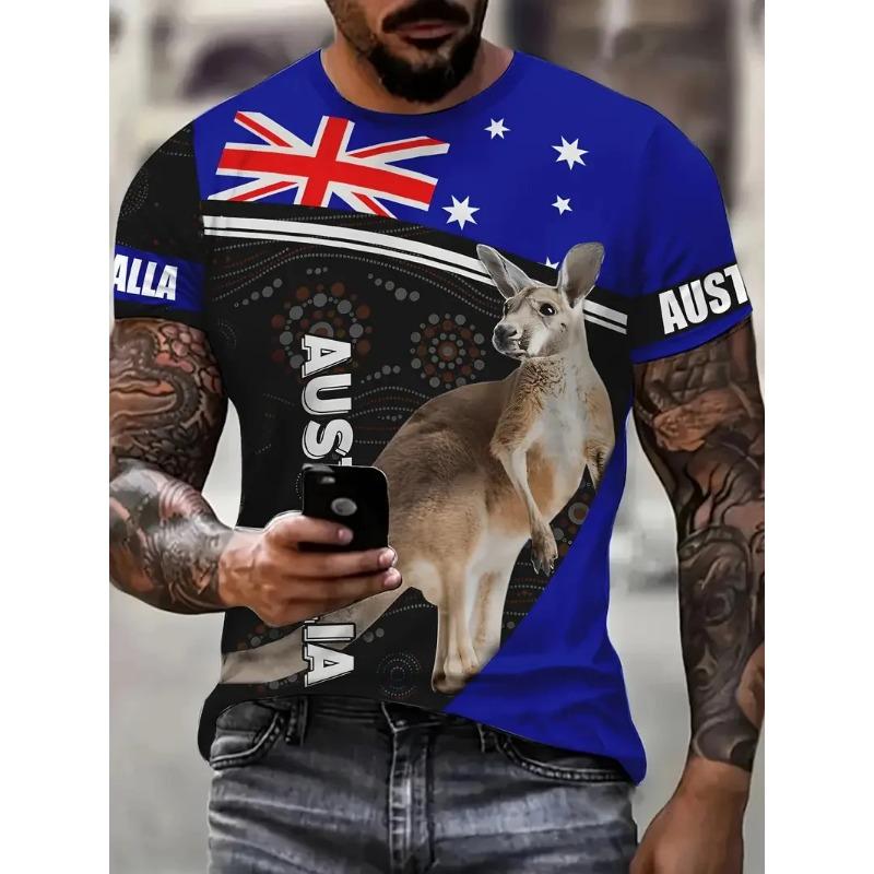 Summer Round Neck 3D Australia Flag Graphic Print Top Fashionable Casual Short Sleeved Men's T-shirts