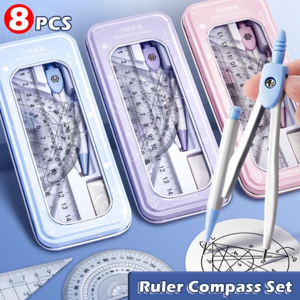Portable 8PCS/Set Plastic Ruler Compasses Set Transparent Eraser Protractor Set Square Straight Ruler Measuring Ruler Students