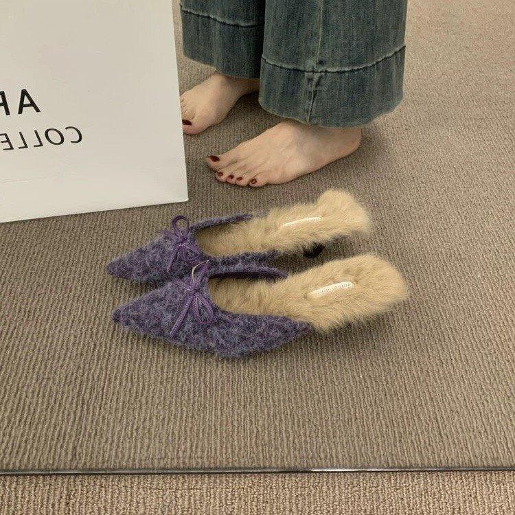 French fairy evening wind fluffy shoes female bag head half slippers 2025 spring new high heels velvet pointed muller shoes