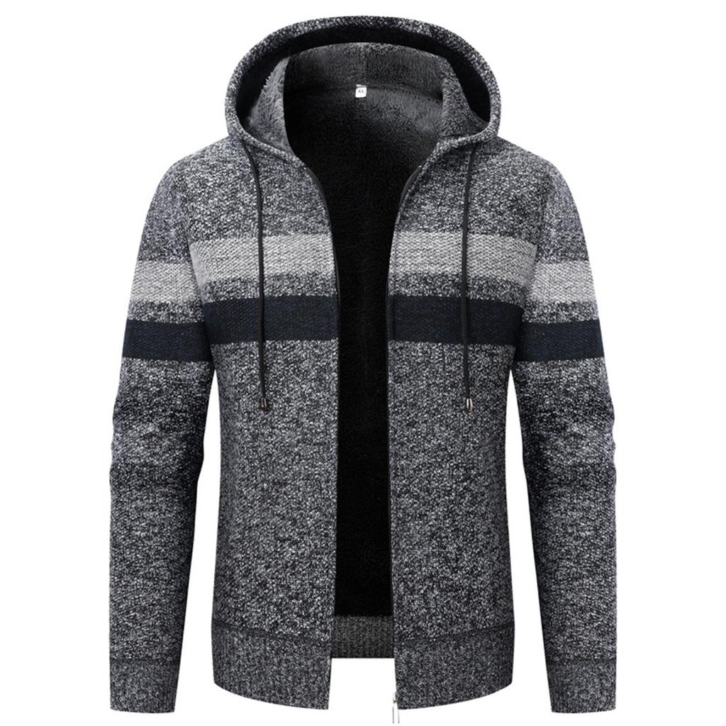 Cardigan Tricotat Cald pentru Bărbați cu Glugă, cu Dungi, de Pluș, Îngroșat, cu Mâneci Lungi
