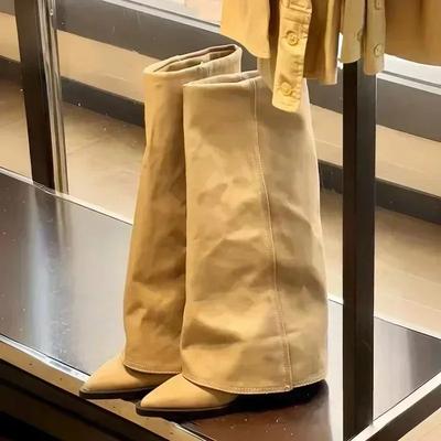 Fashion Autumn/Winter New Women's Pointed-Toe Chunky-Heel Cuffed Boots, Vintage Knee-Length Western Cowboy Boots, Rider Boots