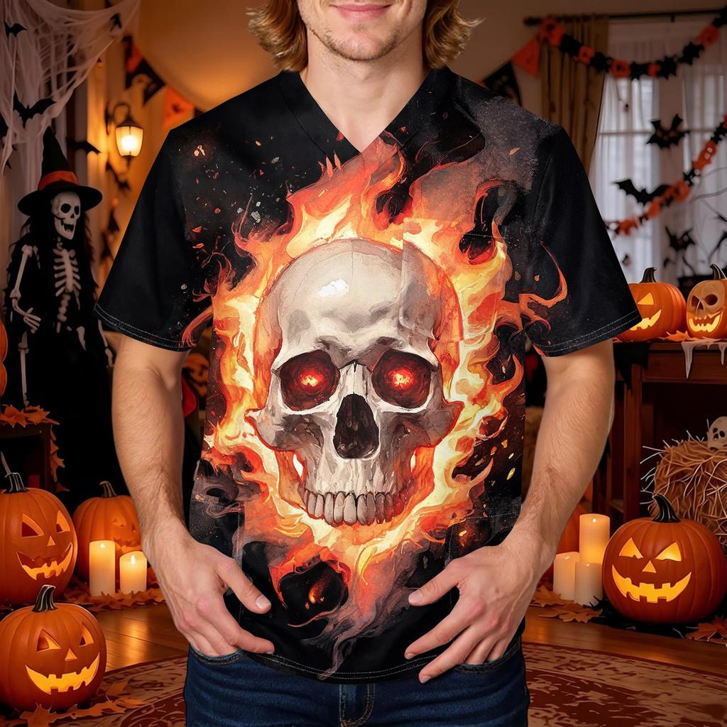 Men's Halloween Print Scrub Top Round Neck Work Uniform Shirt